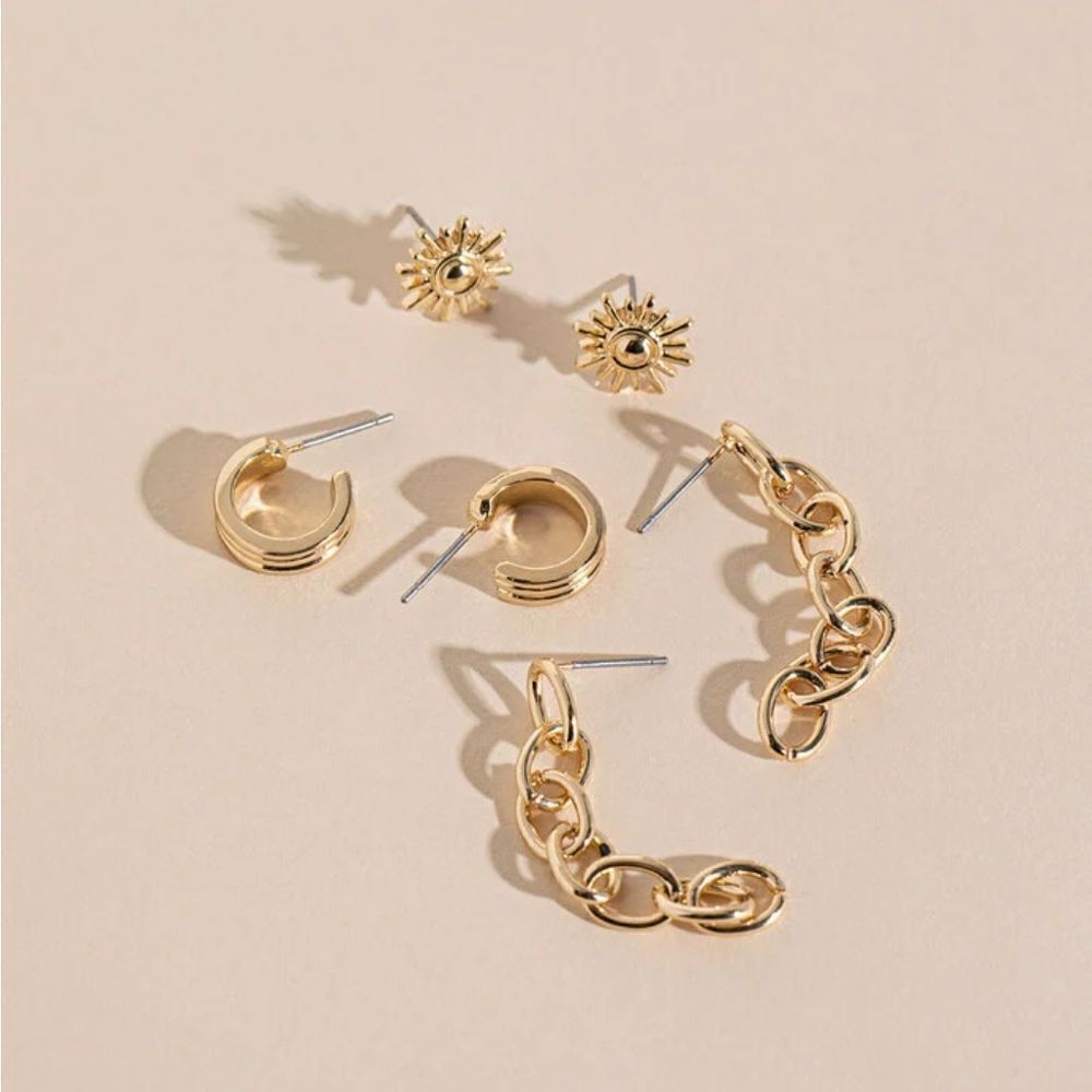 Ricki's New With Tag Gold Sun, Hoop, & Chain Trio Pack‎ Of Earrings